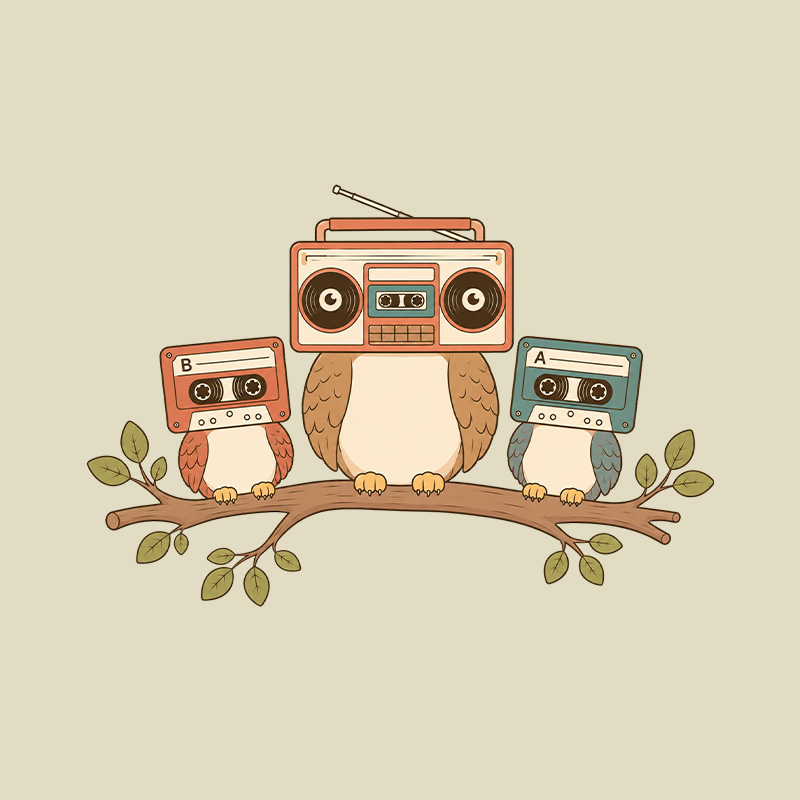 Owls With Boombox And Cassettes Playful T-Shirt
