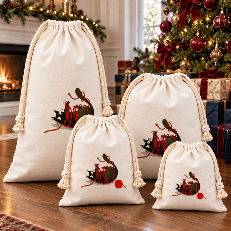 Black Cat Tangled In Red Yarn Christmas Drawstring Gift Bag