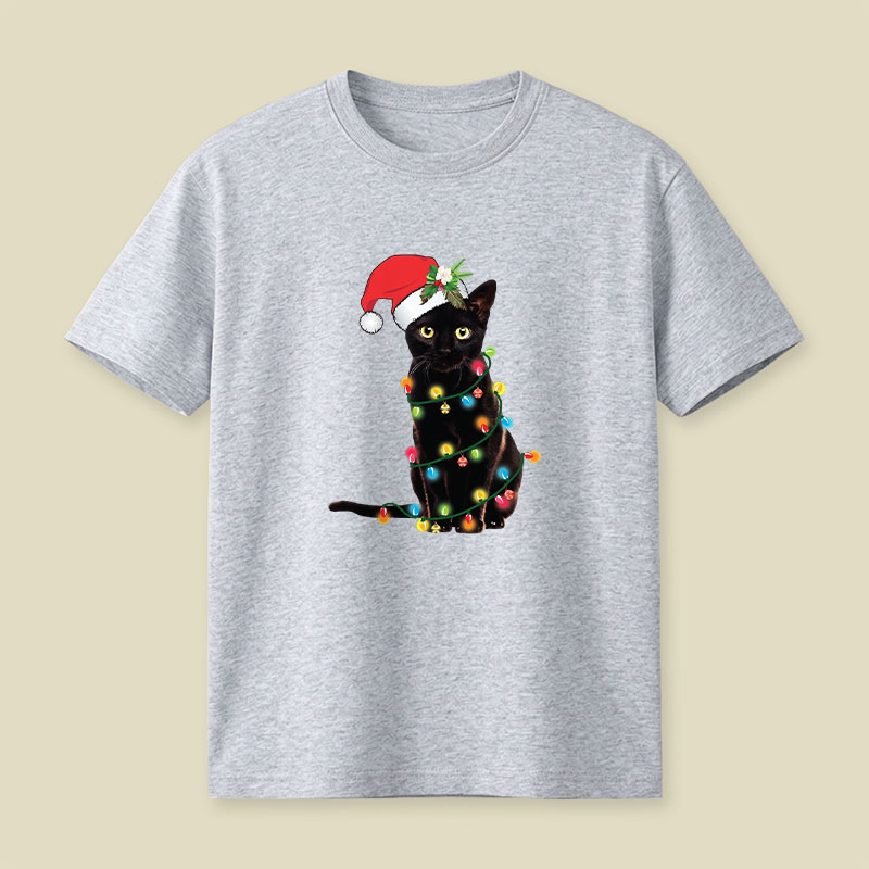 Santa Black Cat Tangled Up In Christmas Tree Lights Playful T-Shirt