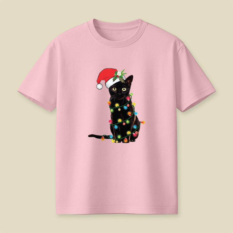 Santa Black Cat Tangled Up In Christmas Tree Lights Playful T-Shirt