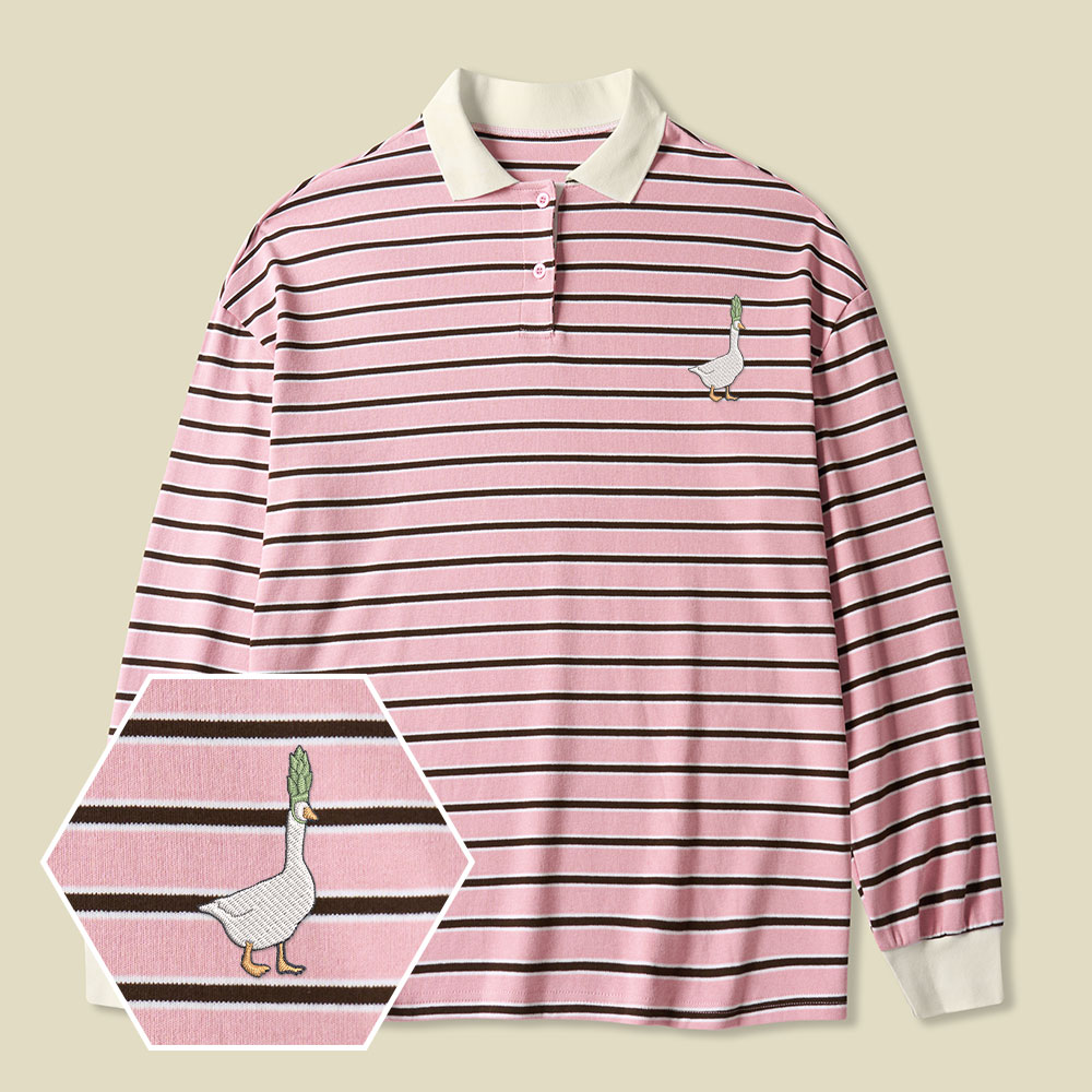 Asparagoose Lycra Striped Embroidered Long-Sleeve Polo