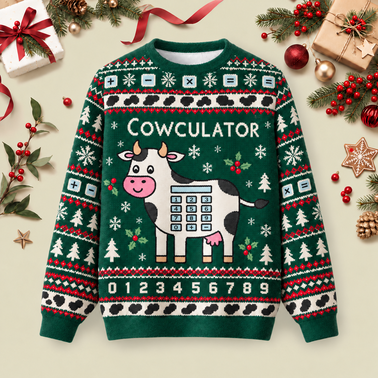 Cowculator Cow Calculator Math Pun Ugly Christmas Fluffy Sweatershirt