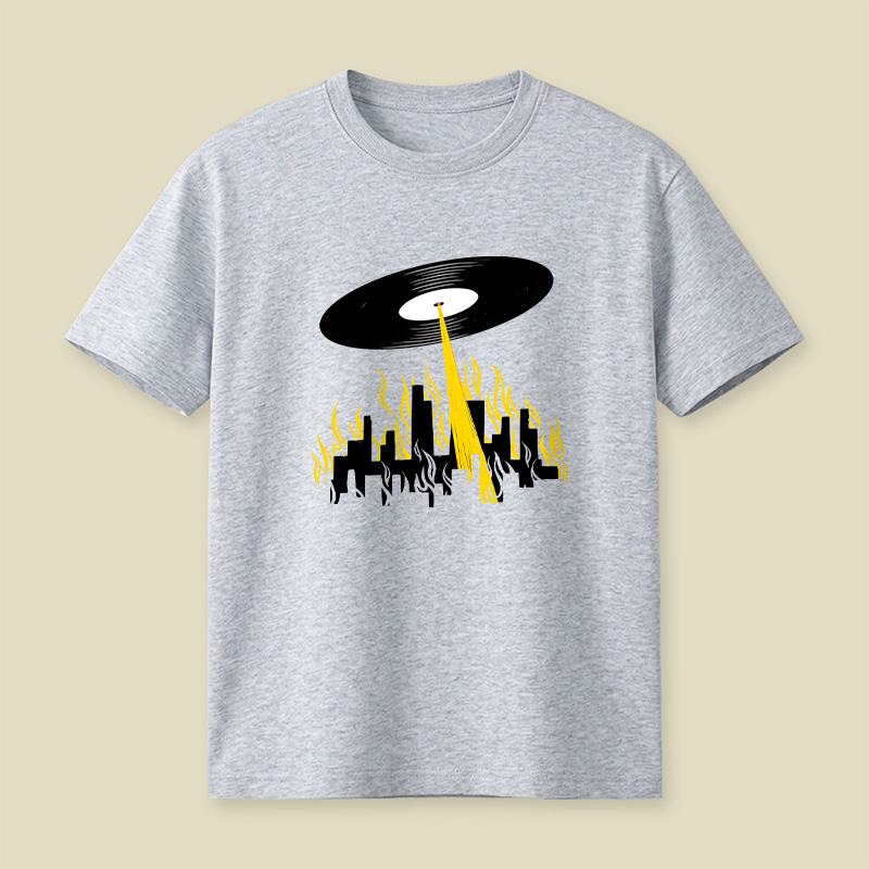 Vinyl Record UFO Invasion Burning City Playful T-Shirt