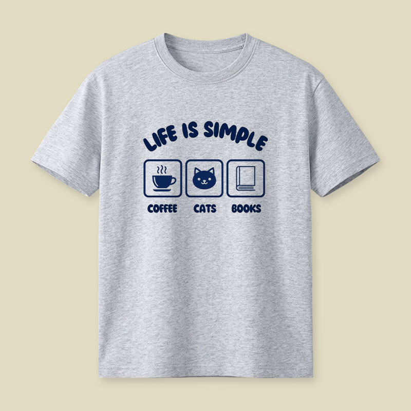 Life Is Simple Coffee Cats Books Playful T-Shirt