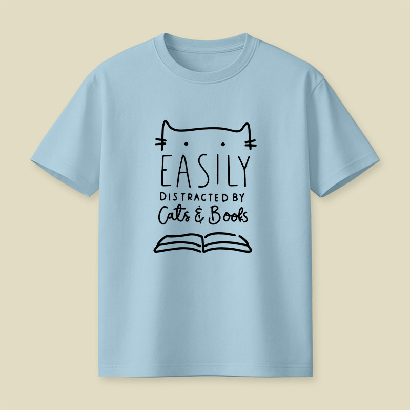 Funny Easily Distracted By Cats And Books Playful T-Shirt