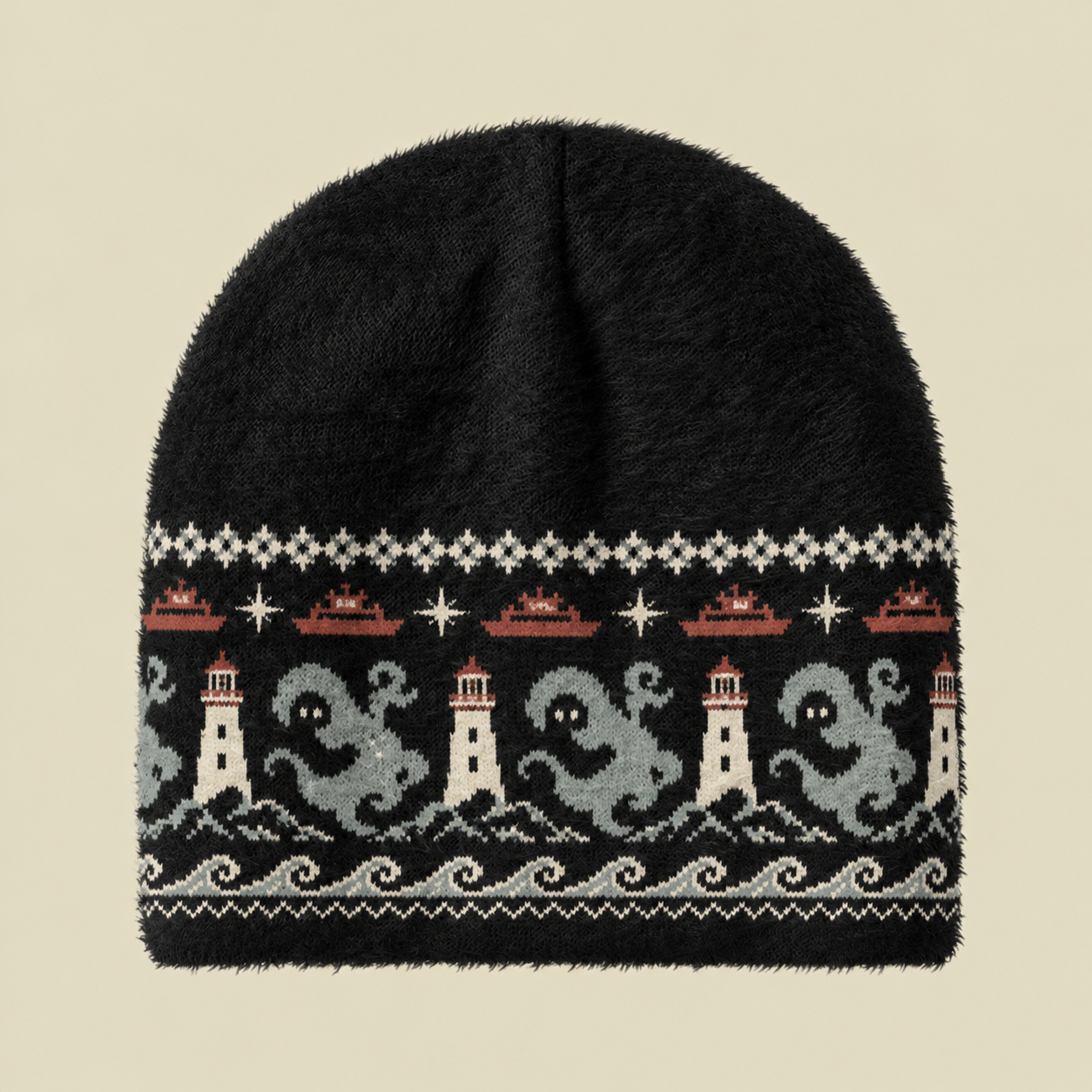 Dark Nautical Kraken Lighthouse Fuzzy Beanie