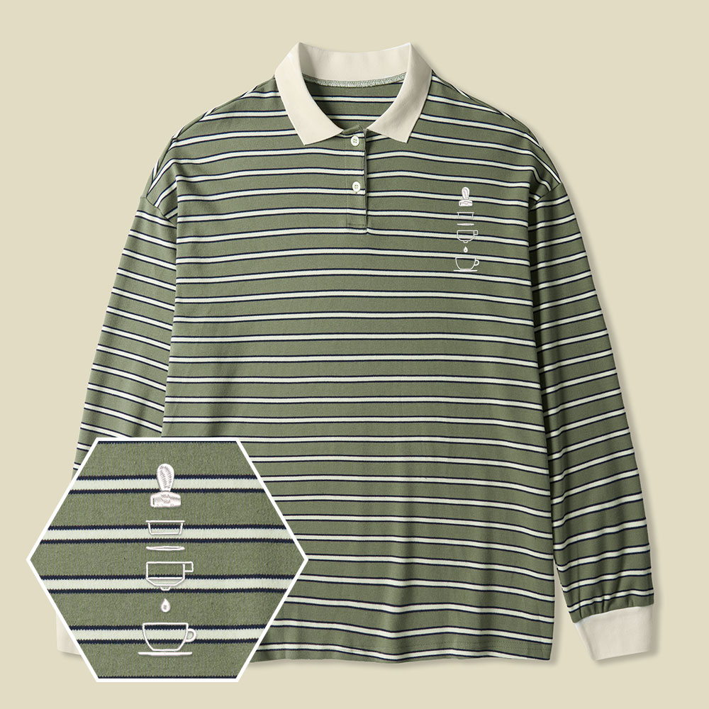 Perfect Espresso Lycra Striped Embroidered Long-Sleeve Polo