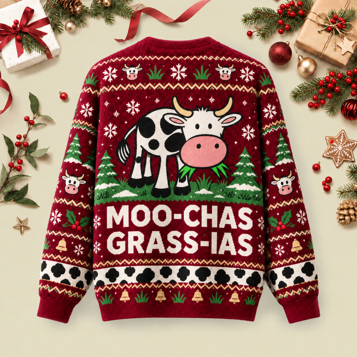 Moo-chas Grass-ias Ugly Christmas Fluffy Sweatershirt