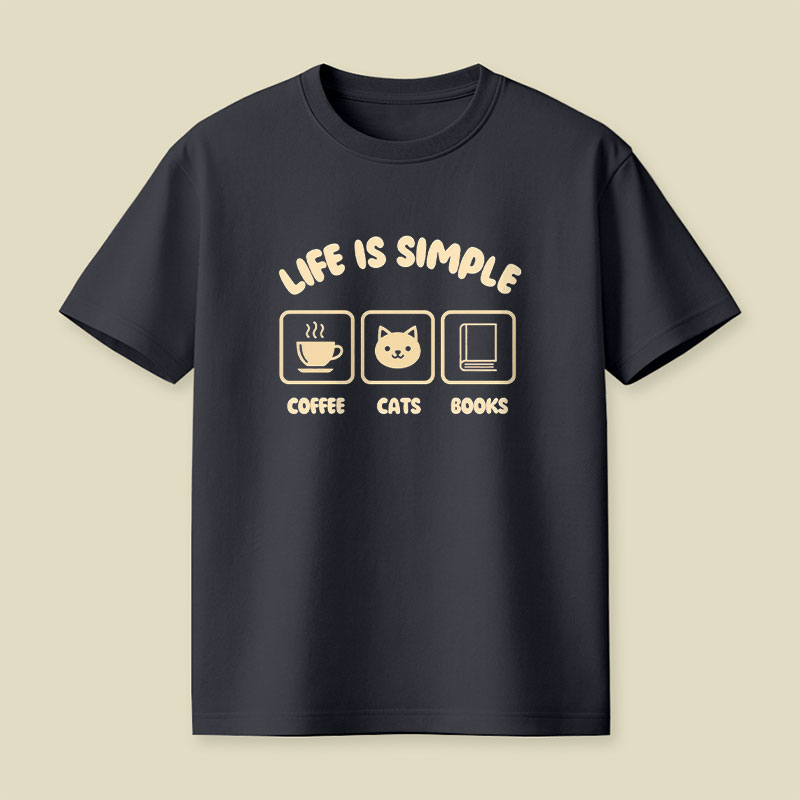 Life Is Simple Coffee Cats Books Playful T-Shirt