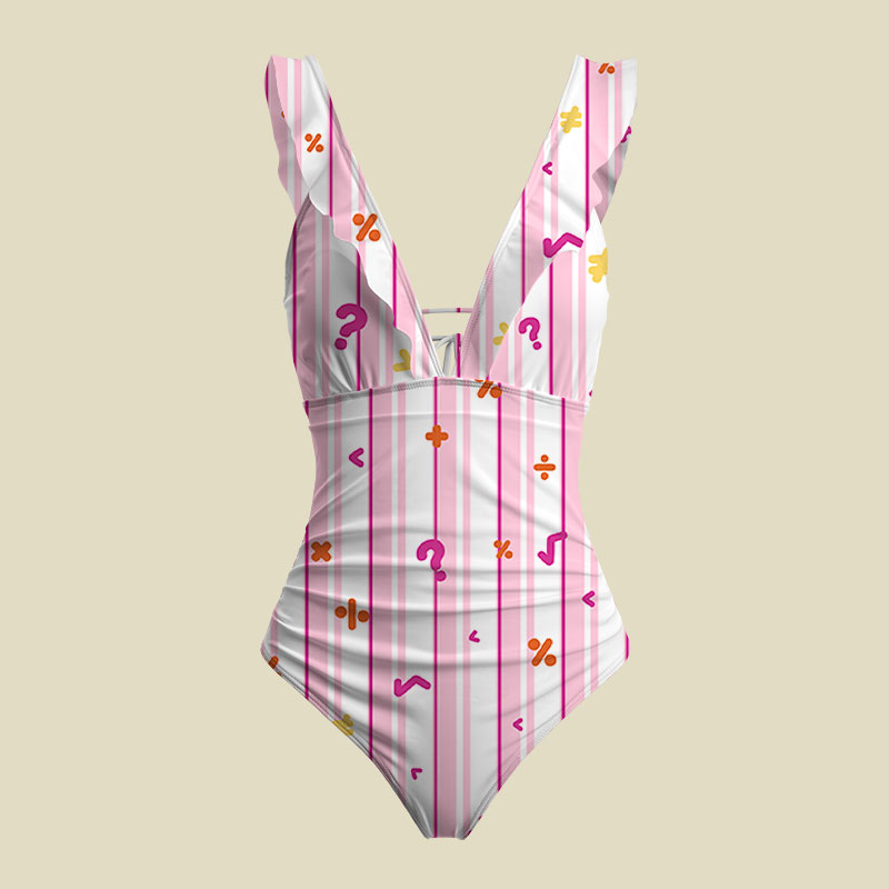 Retro Math Symbol Pink Stripe V-Neck One Piece Swimsuit