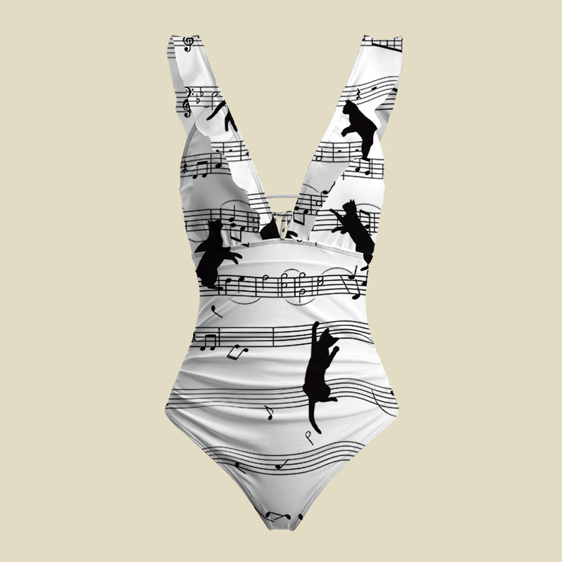 Musical Black Cat Sheet V-Neck One Piece Swimsuit