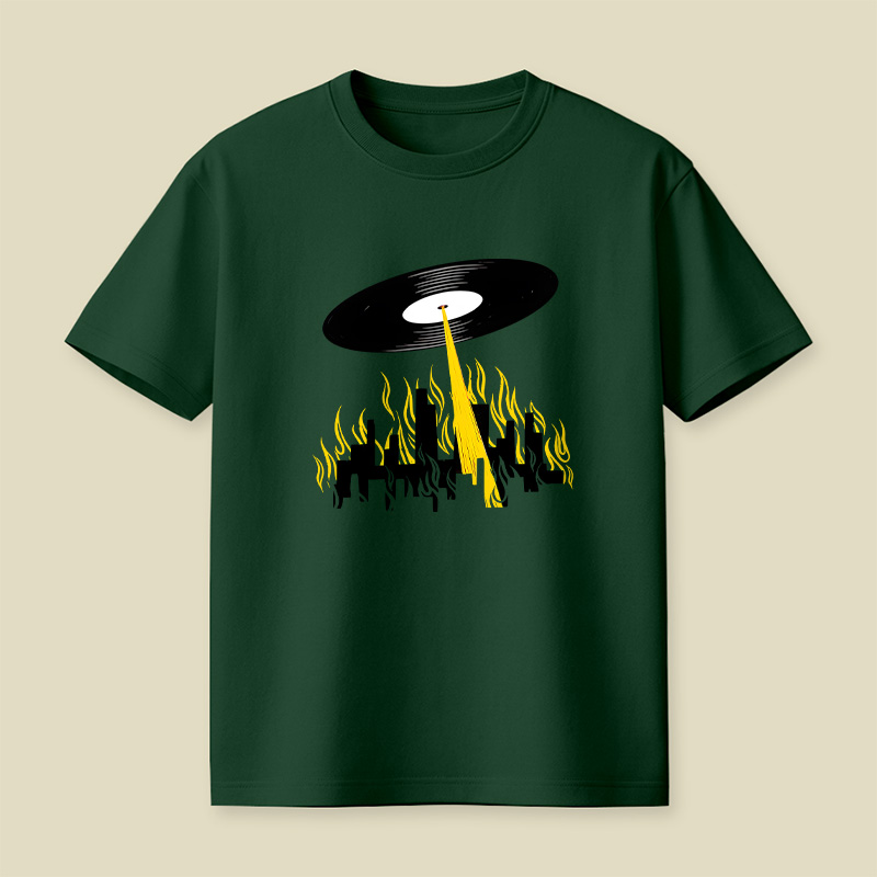 Vinyl Record UFO Invasion Burning City Playful T-Shirt