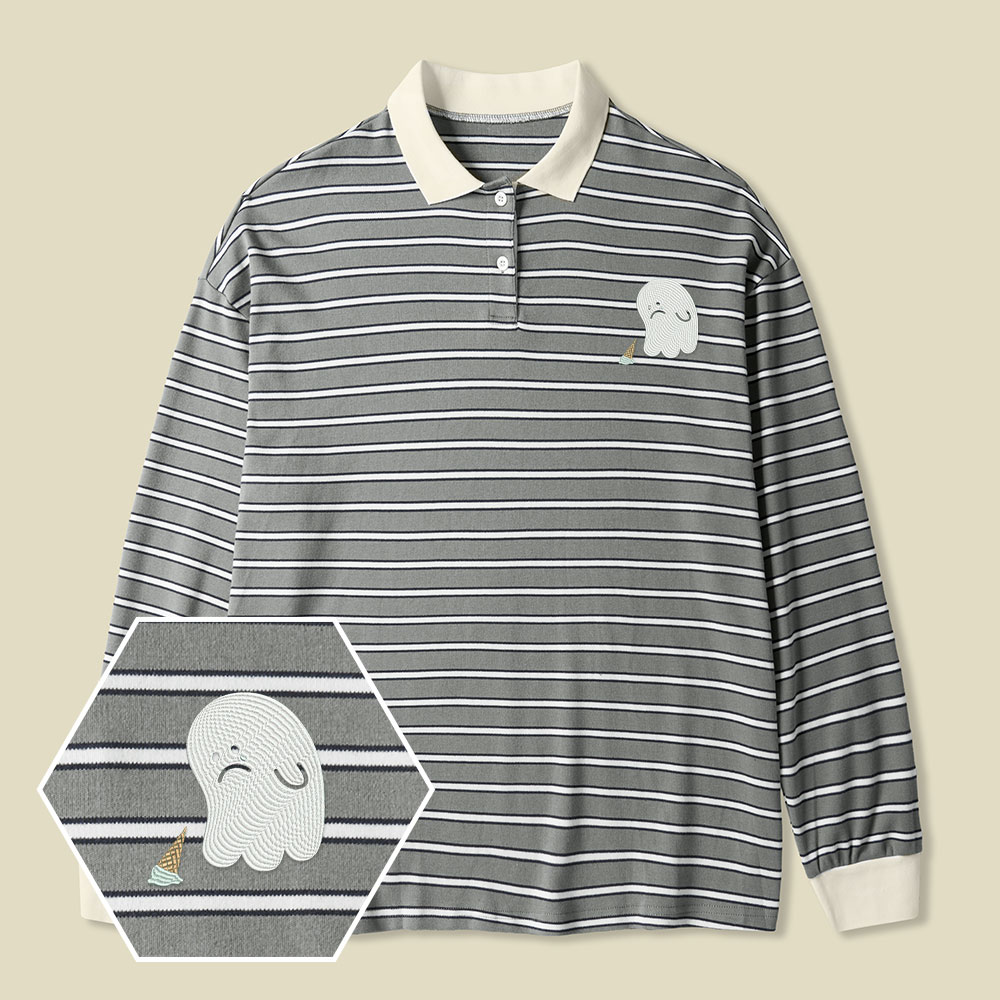 Sad Ghost Lycra Striped Embroidered Long-Sleeve Polo