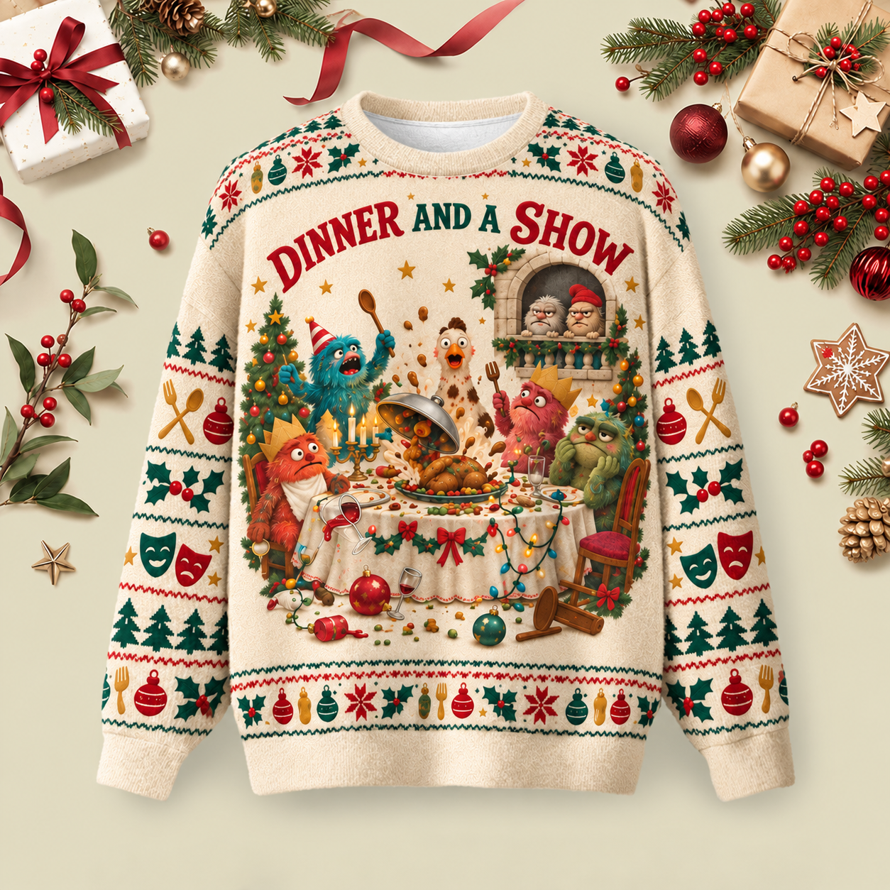 Dinner And A Show Ugly Christmas Fluffy Sweatershirt