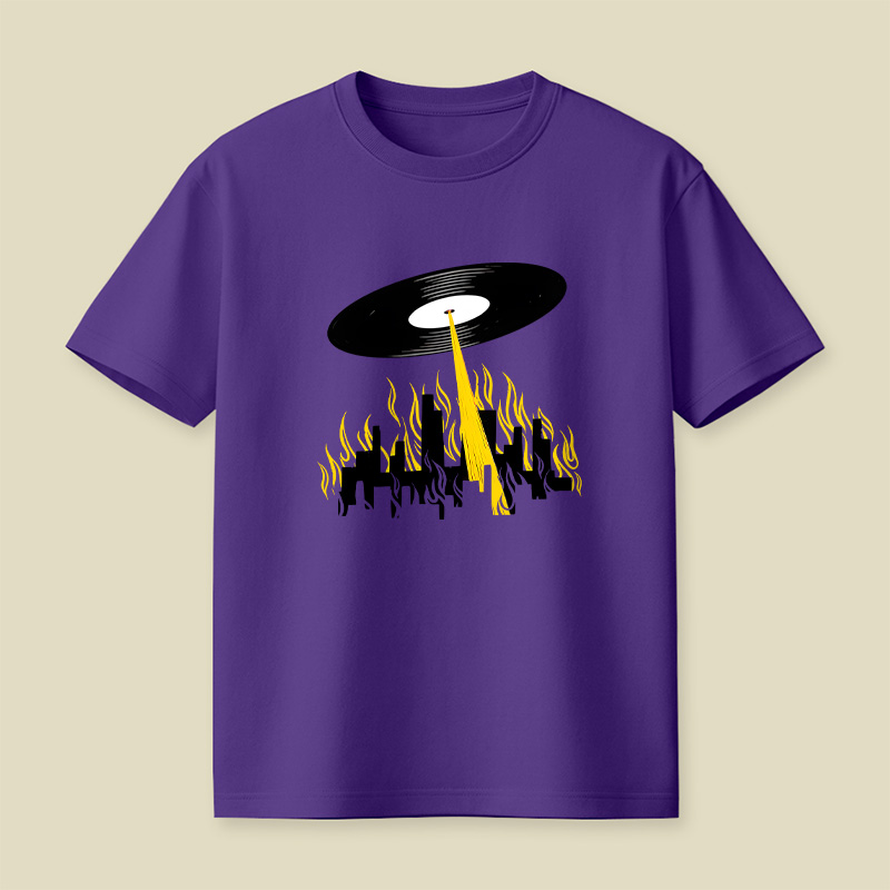 Vinyl Record UFO Invasion Burning City Playful T-Shirt