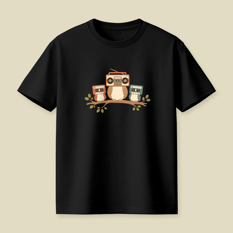 Owls With Boombox And Cassettes Playful T-Shirt