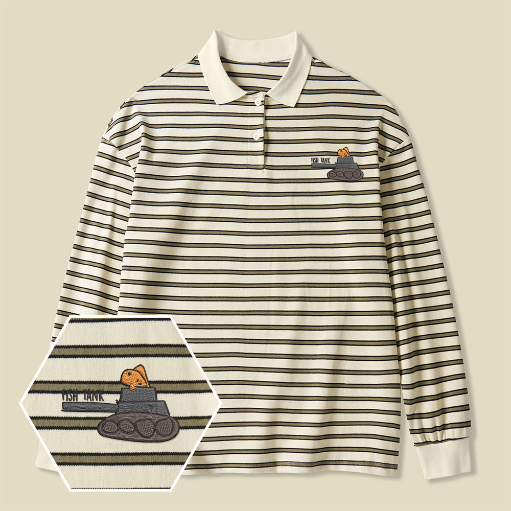 Fish Tank Lycra Striped Embroidered Long-Sleeve Polo