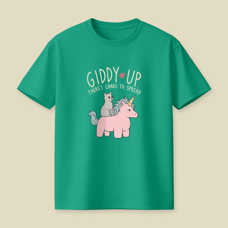 Cute Cat Riding Unicorn - Giddy Up Playful T-Shirt