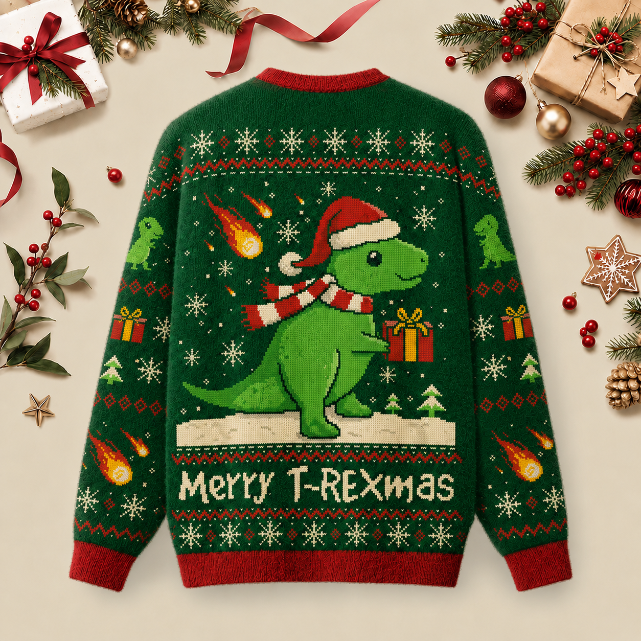 Merry T-rex Mas Ugly Christmas Fluffy Sweatershirt