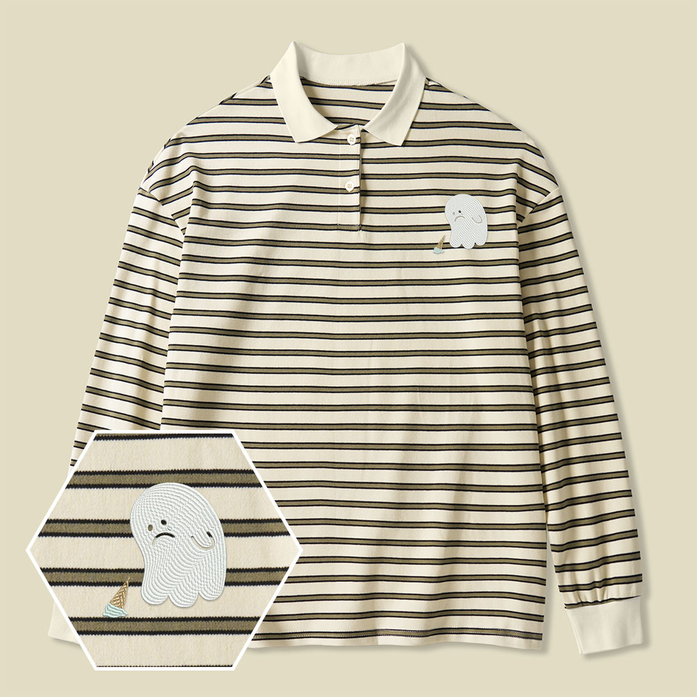 Sad Ghost Lycra Striped Embroidered Long-Sleeve Polo