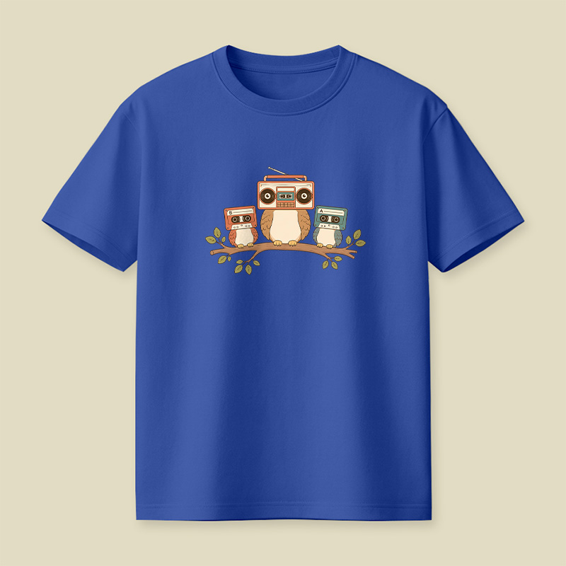 Owls With Boombox And Cassettes Playful T-Shirt