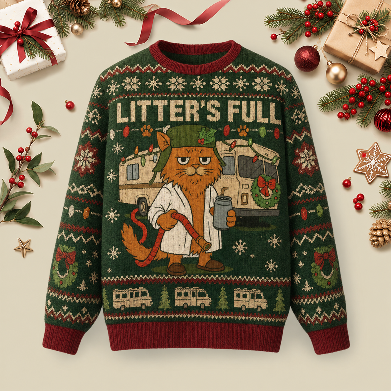 Litter'S Full Vacation Cat Ugly Christmas Fluffy Sweatershirt