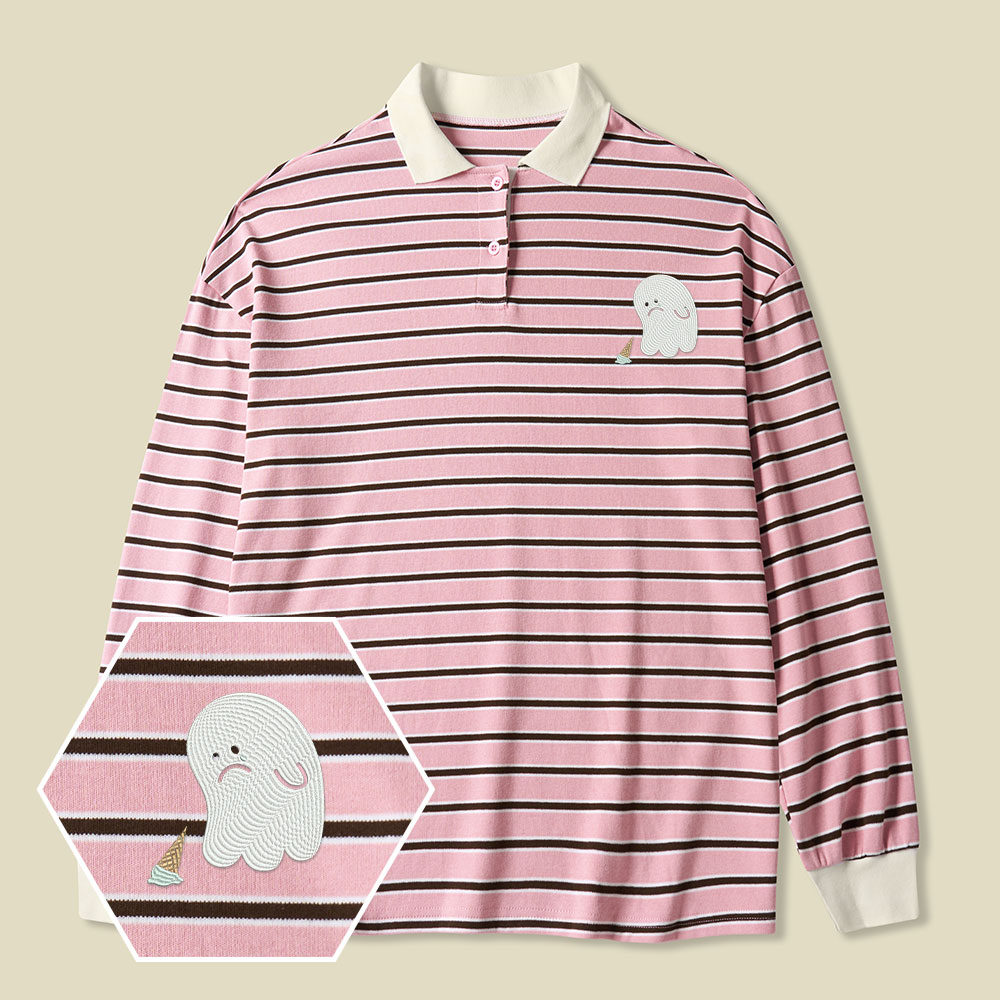 Sad Ghost Lycra Striped Embroidered Long-Sleeve Polo