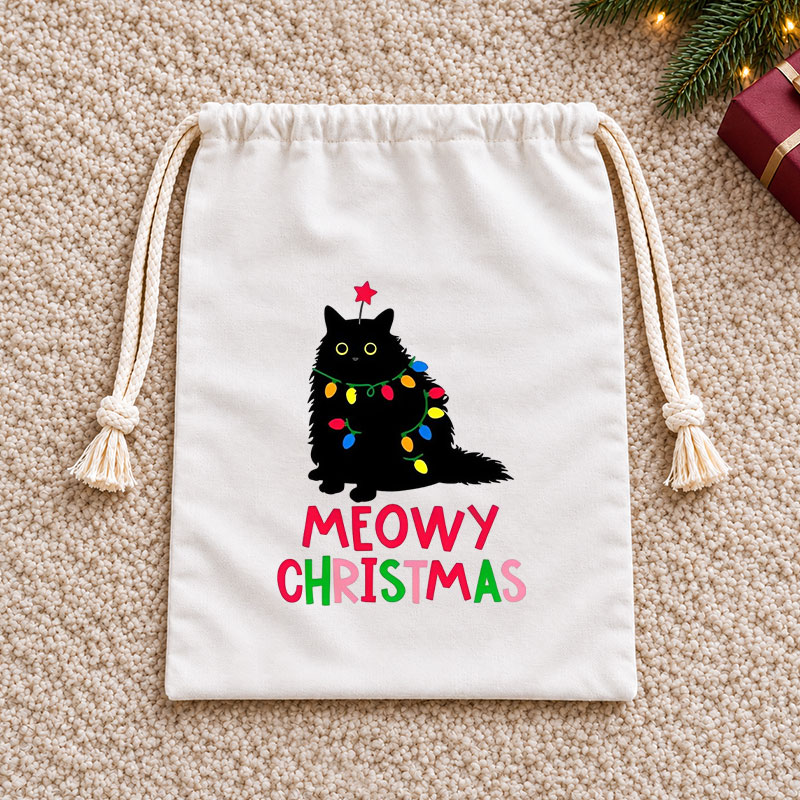 Meowy Christmas Fluffy Black Cat Christmas Drawstring Gift Bag