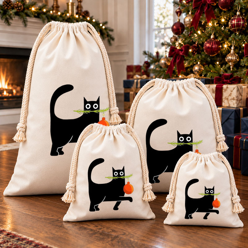 Black Cat Carrying Christmas Ornament Christmas Drawstring Gift Bag