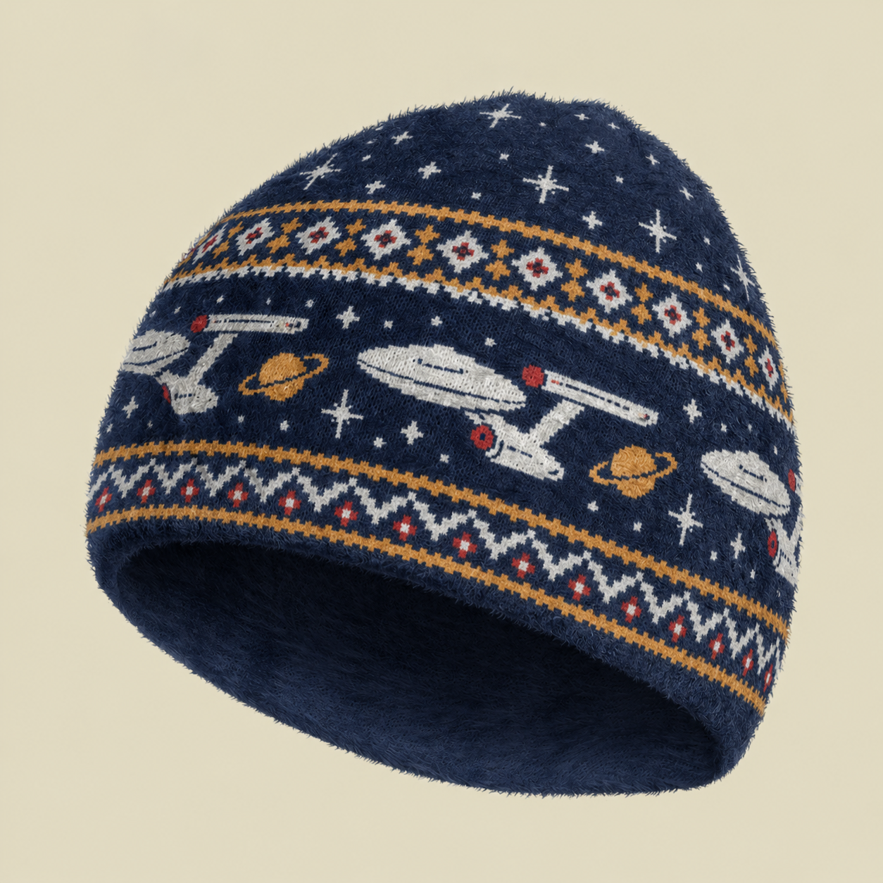 Spaceship Fair Isle Fuzzy Beanie