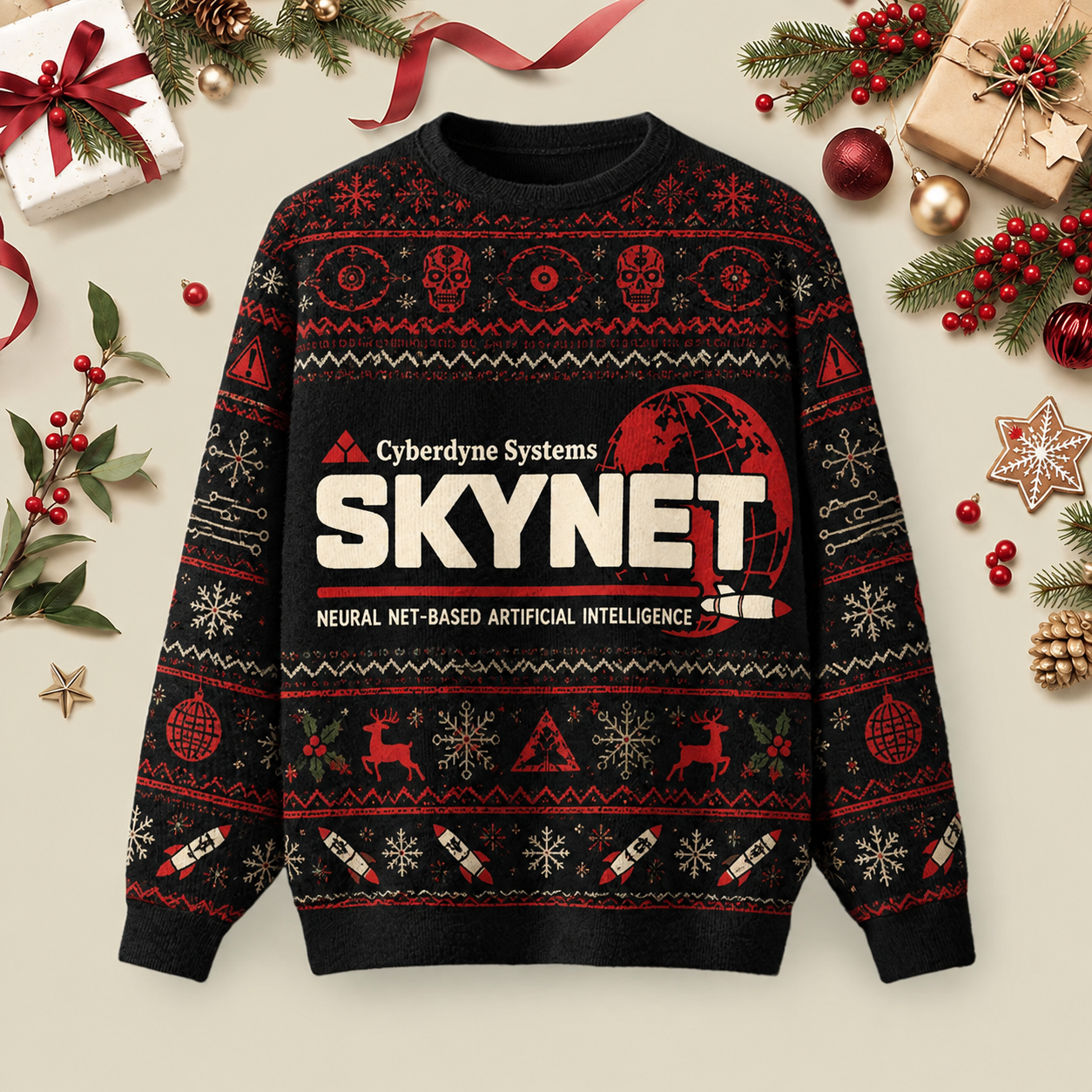 Skynet Cyberdyne Systems Ugly Christmas Fluffy Sweatershirt