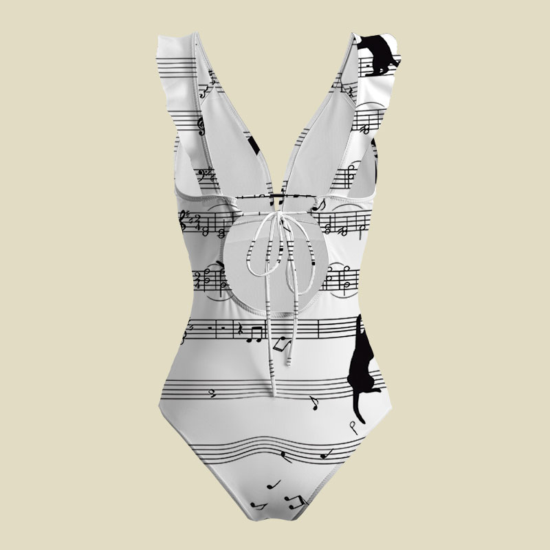 Musical Black Cat Sheet V-Neck One Piece Swimsuit