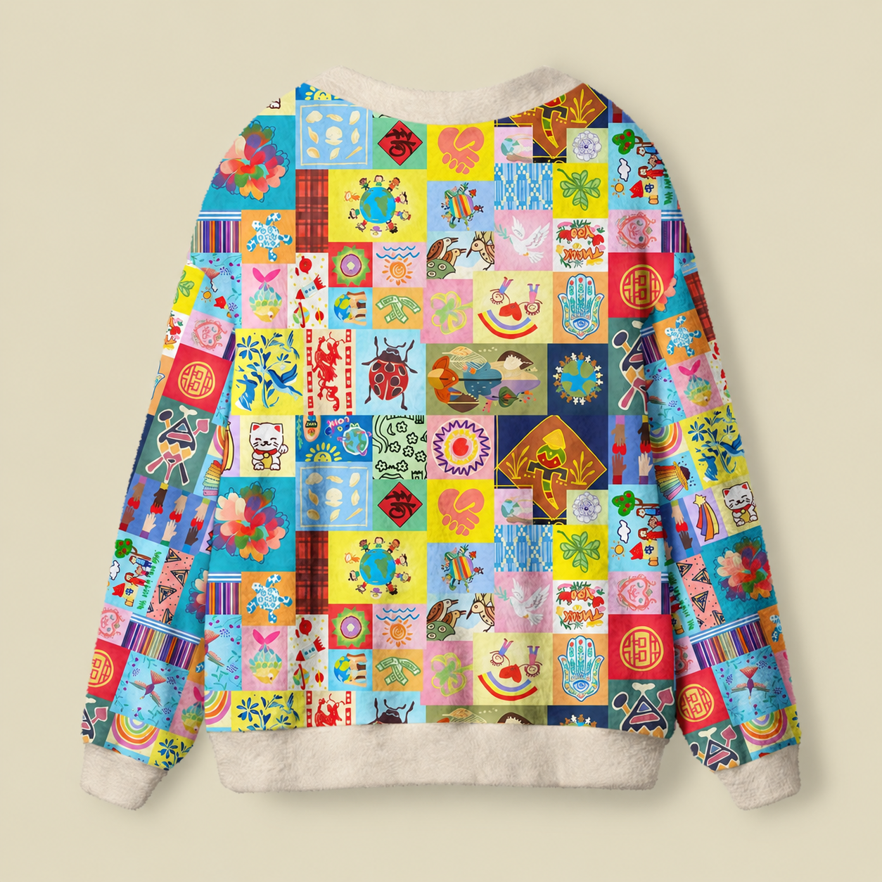 Global Folk Lucky Patchwork Collage Ugly Cardigan Sweater
