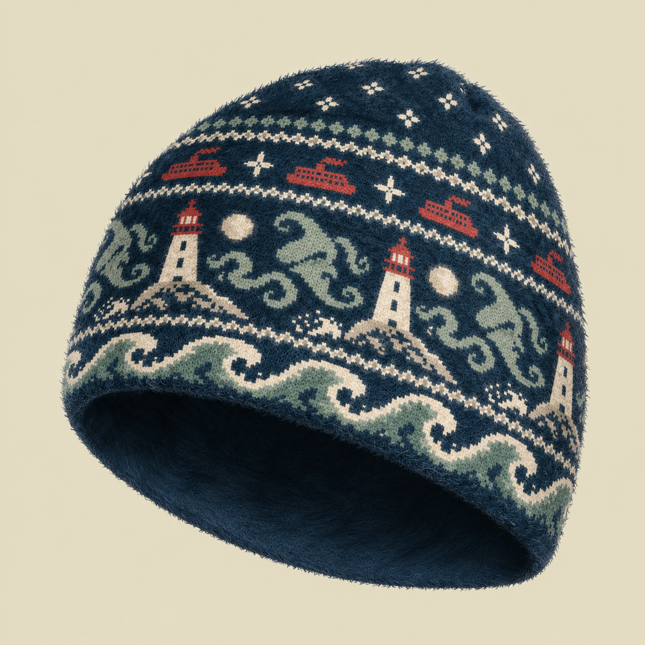 Nautical Lighthouse Sea Monster Fuzzy Beanie