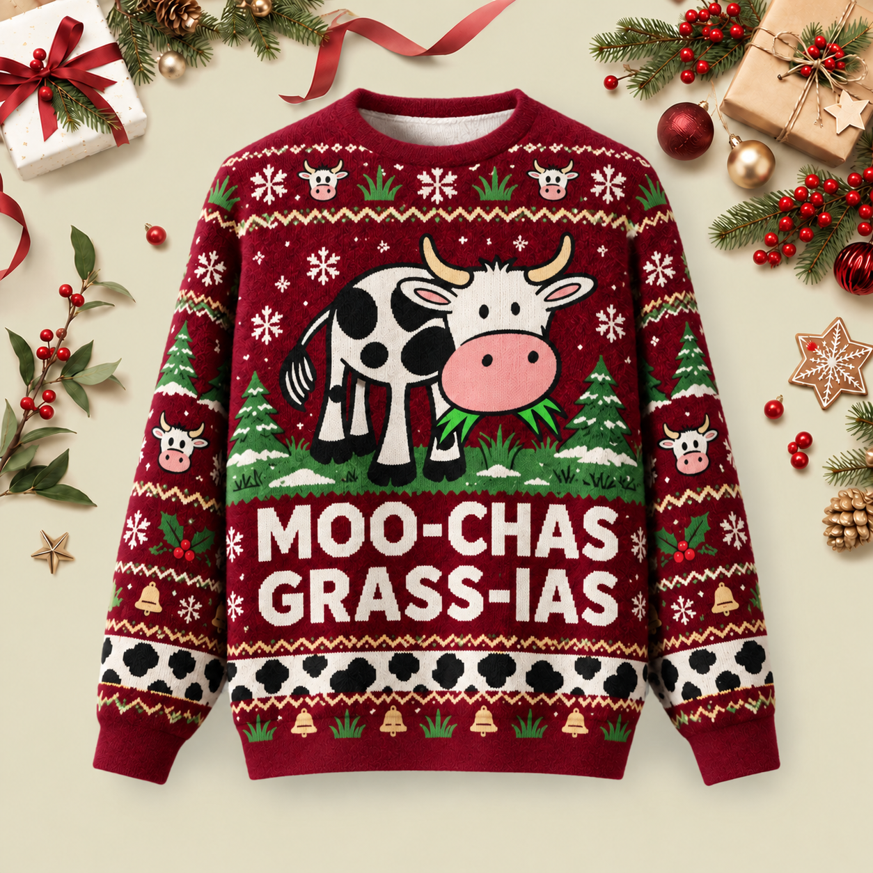 Moo-chas Grass-ias Ugly Christmas Fluffy Sweatershirt