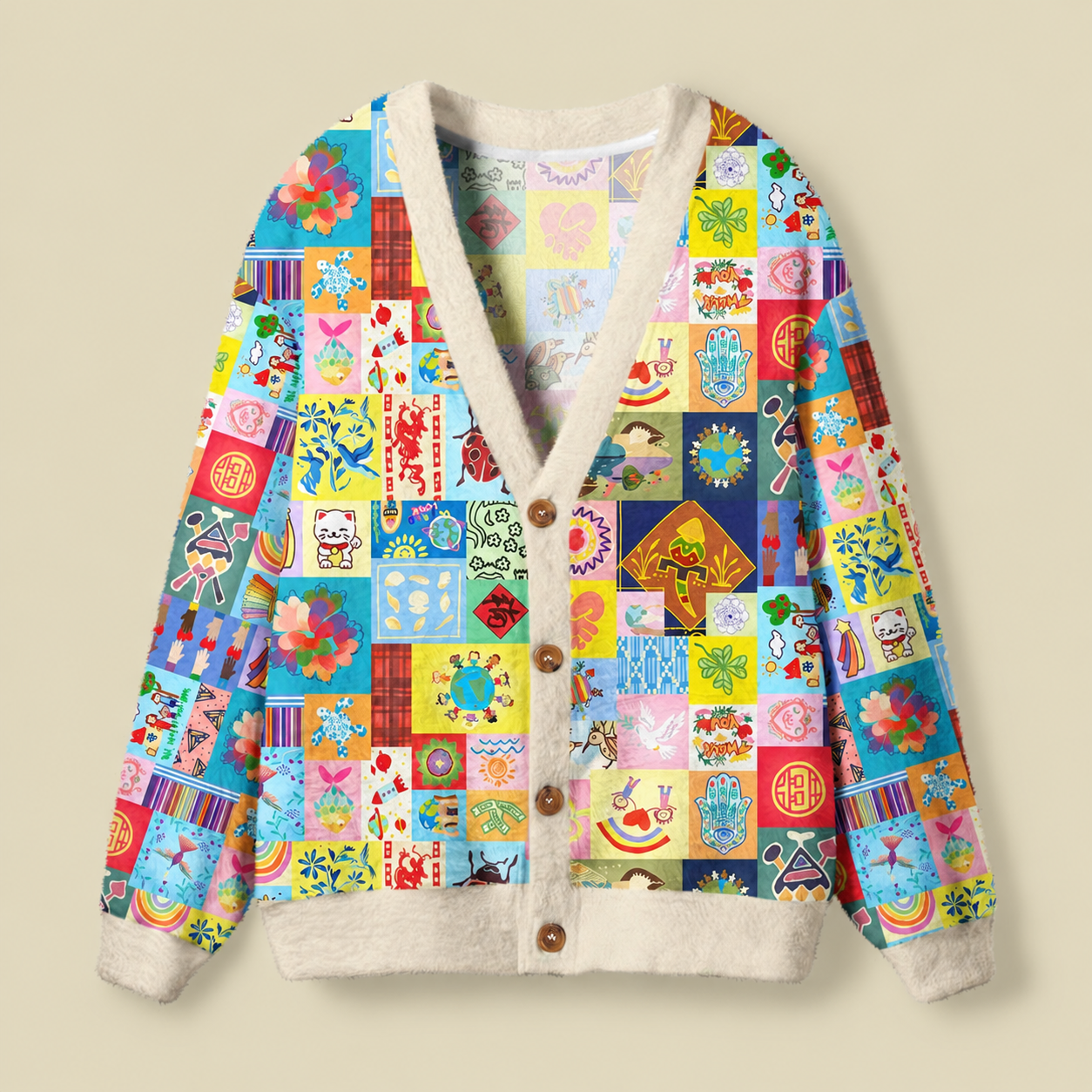 Global Folk Lucky Patchwork Collage Ugly Cardigan Sweater