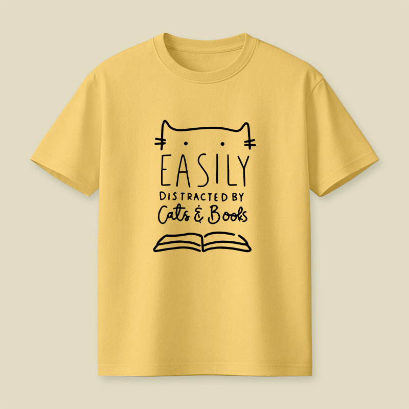 Funny Easily Distracted By Cats And Books Playful T-Shirt
