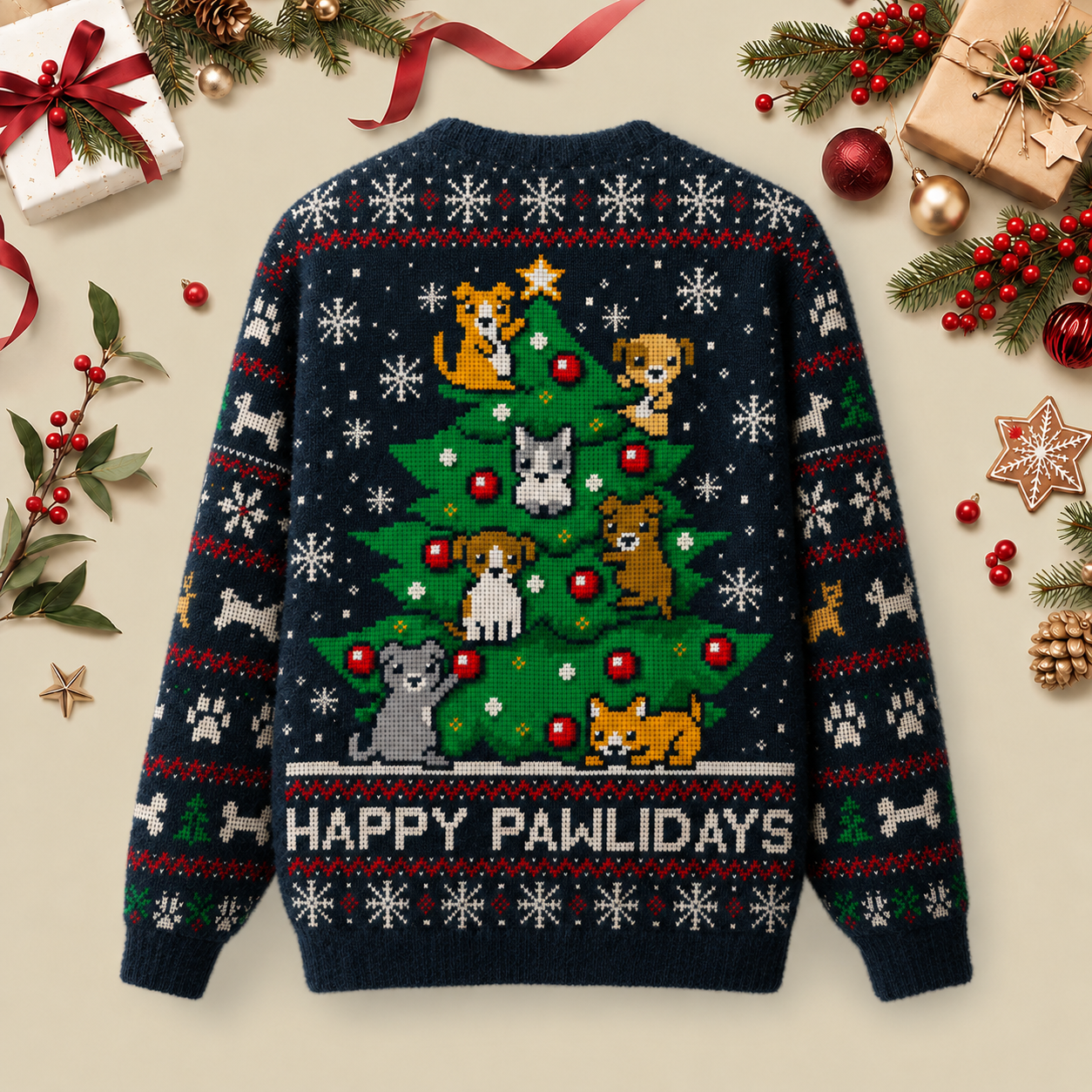 Happy pawlidays Ugly Christmas Fluffy Sweatershirt