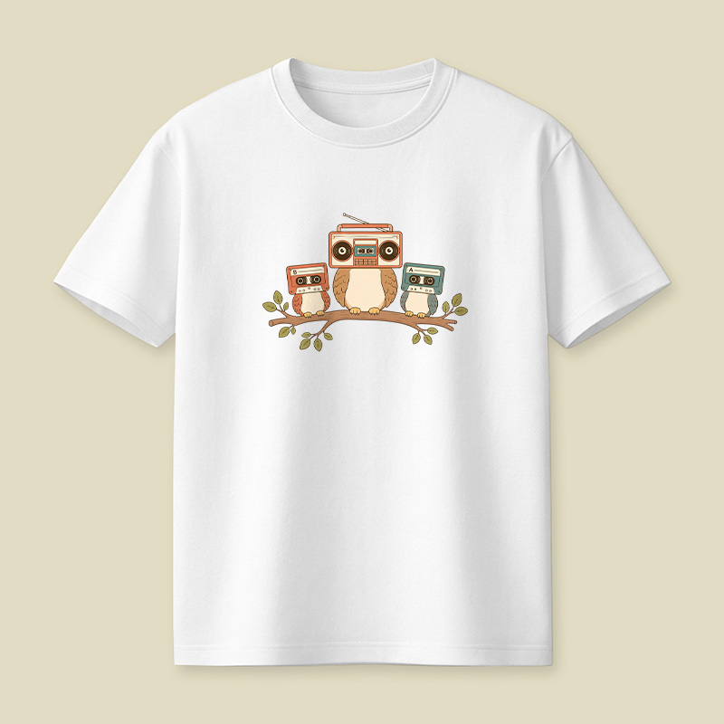 Owls With Boombox And Cassettes Playful T-Shirt