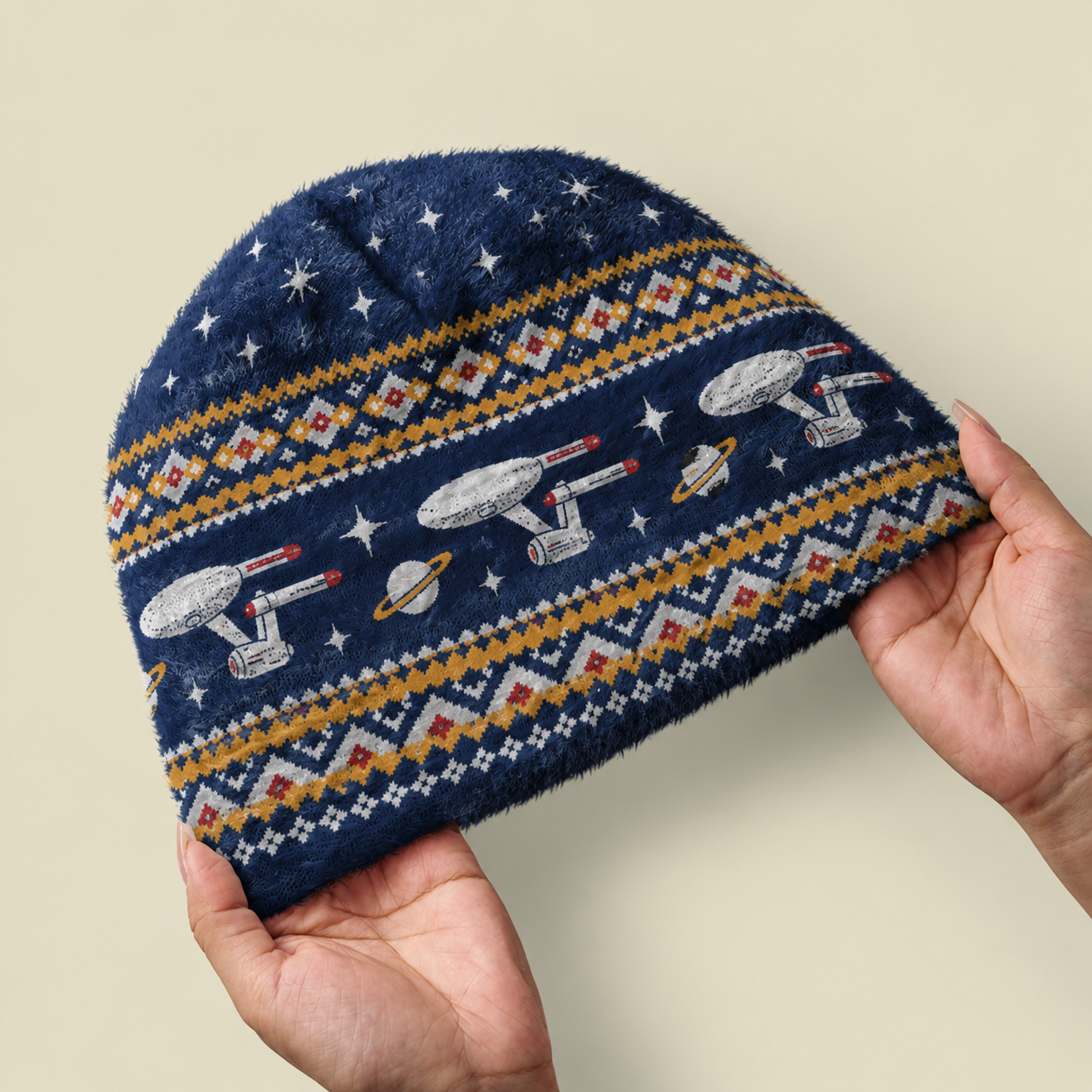 Spaceship Fair Isle Fuzzy Beanie