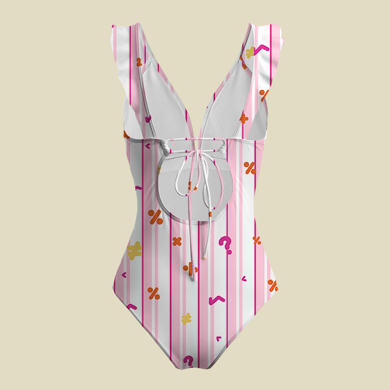 Retro Math Symbol Pink Stripe V-Neck One Piece Swimsuit