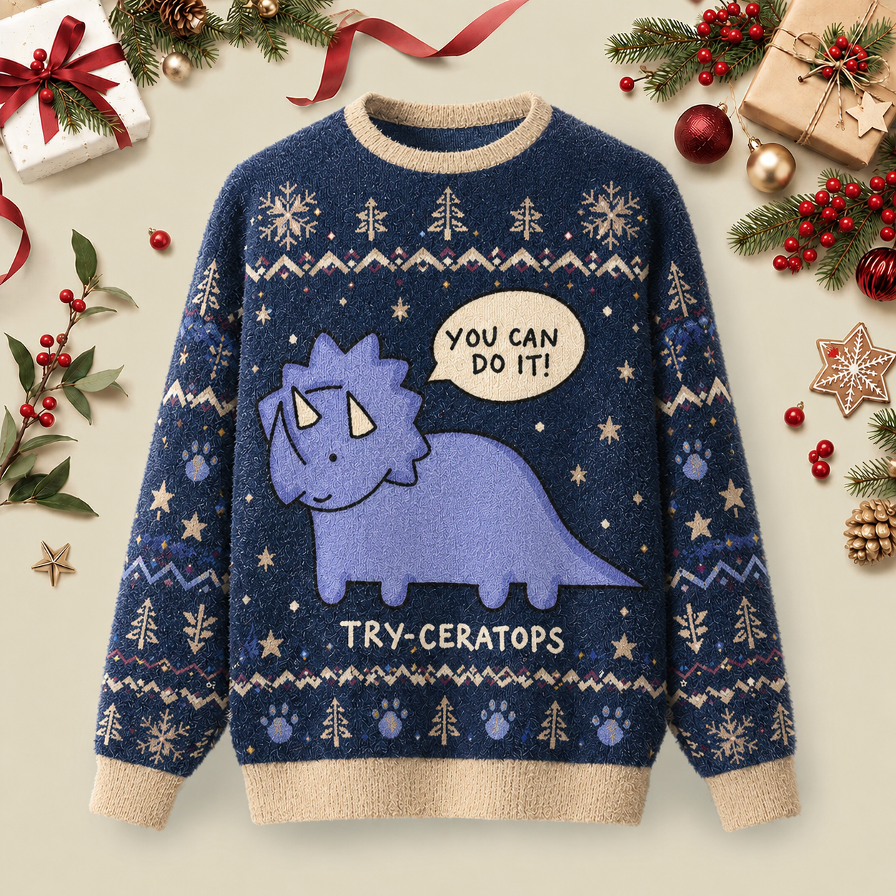 Try-ceratops Ugly Christmas Fluffy Sweatershirt