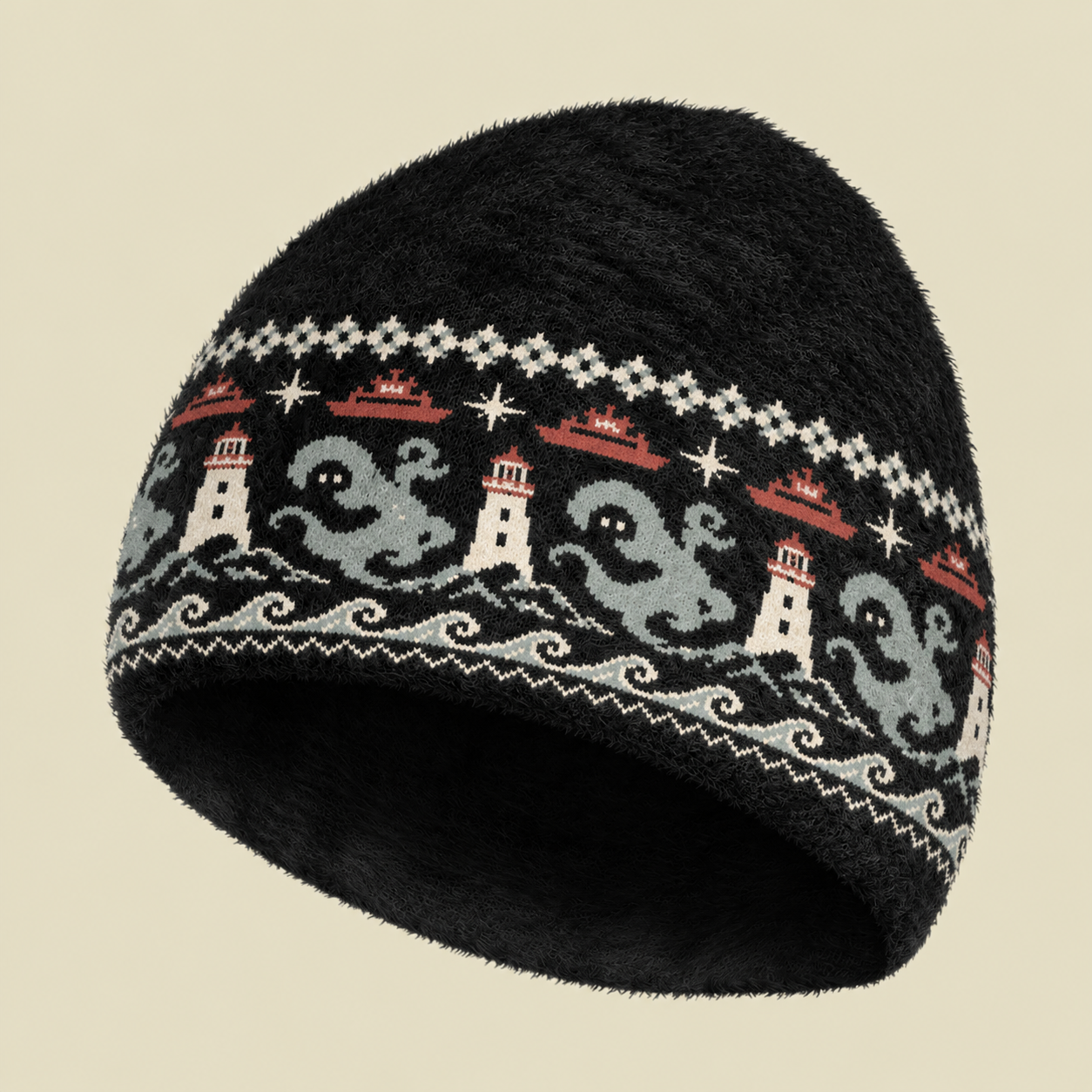 Dark Nautical Kraken Lighthouse Fuzzy Beanie