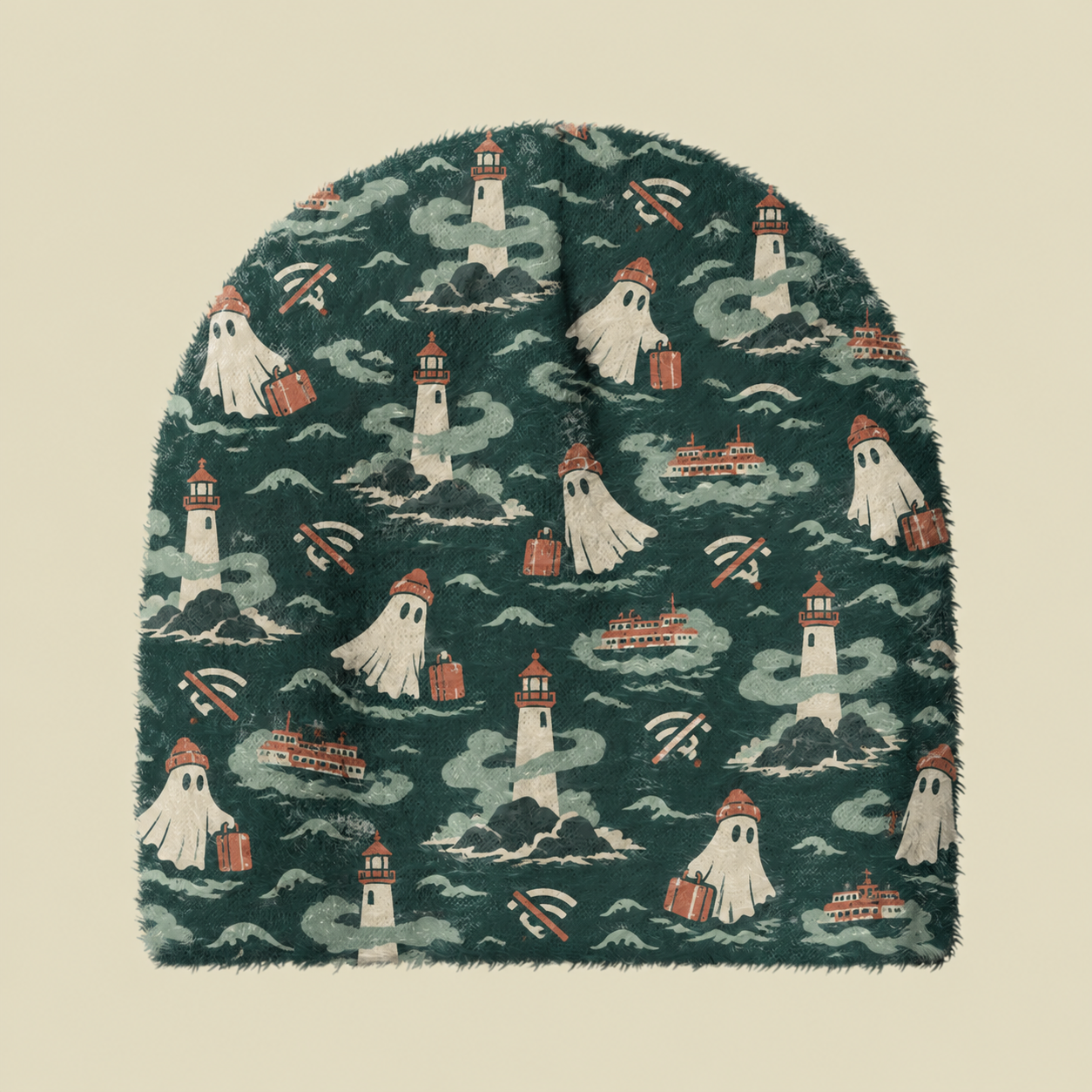 Wandering Ghost Lighthouse Ocean Wave Fuzzy Beanie