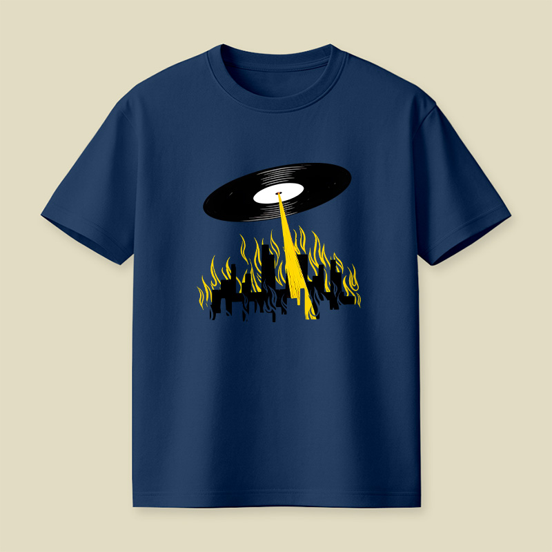 Vinyl Record UFO Invasion Burning City Playful T-Shirt