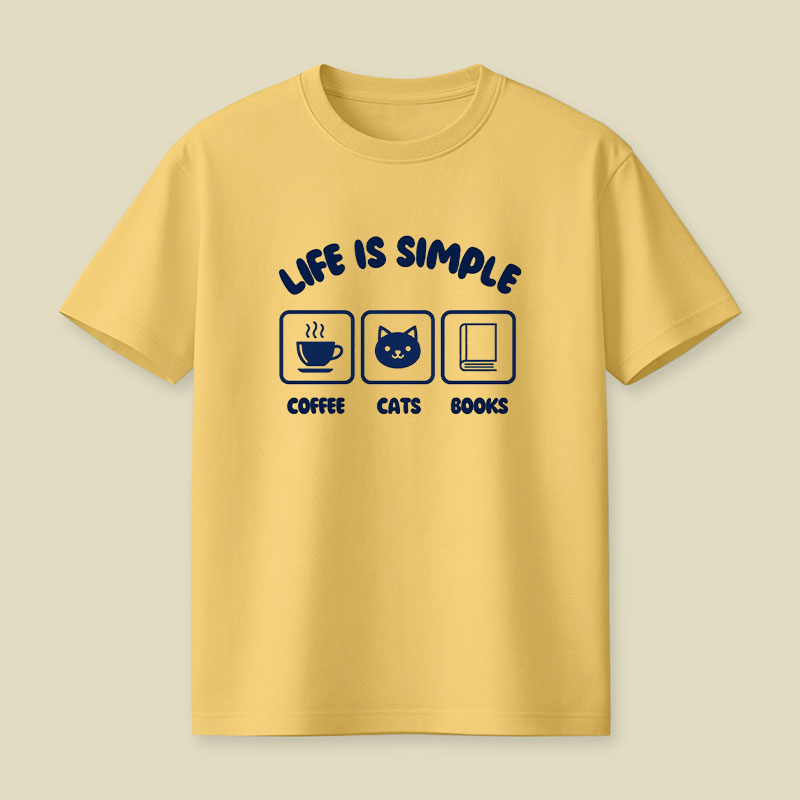 Life Is Simple Coffee Cats Books Playful T-Shirt