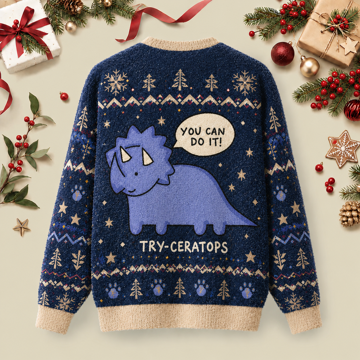 Try-ceratops Ugly Christmas Fluffy Sweatershirt