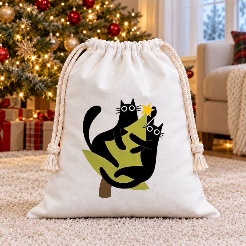 Playful Black Cats Hugging Xmas Tree Christmas Drawstring Gift Bag