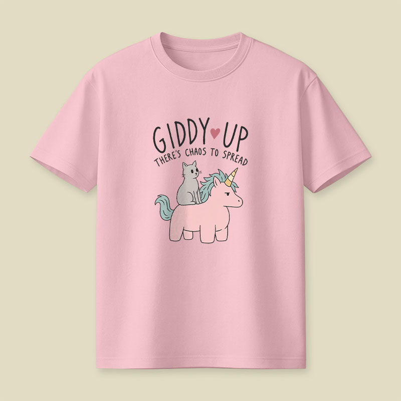 Cute Cat Riding Unicorn - Giddy Up Playful T-Shirt