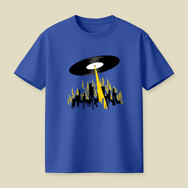 Vinyl Record UFO Invasion Burning City Playful T-Shirt